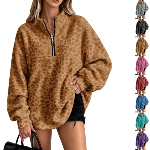 Half Zip Pullover Women Leopard Flannel Sweatshirt Winter Sweat Shirt - image 1