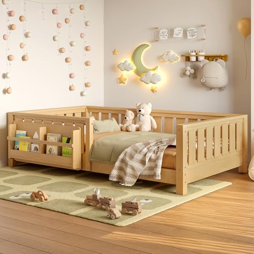 Bellemave Twin Floor Bed with Slats and Safety Guardrail Twin Size Montessori Floor Bed with Fence and Built-in Bookshelf Easy Assemble Montessori Beds for Kids Girls Boys Light Natural