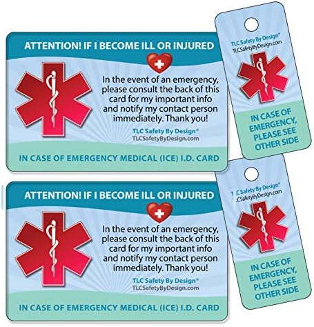 Medical ICE Alert in Case of Emergency I.D. Identification Plastic Wallet Card and Keytag with Emergency Contact Call List Card (Qty. 2)