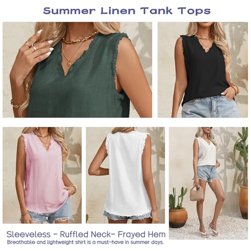 Famulily Womens Sleeveless Ruffled V Neck Tops Summer Linen Tank Tops Solid Color Raw Edge Hem Camisoles4