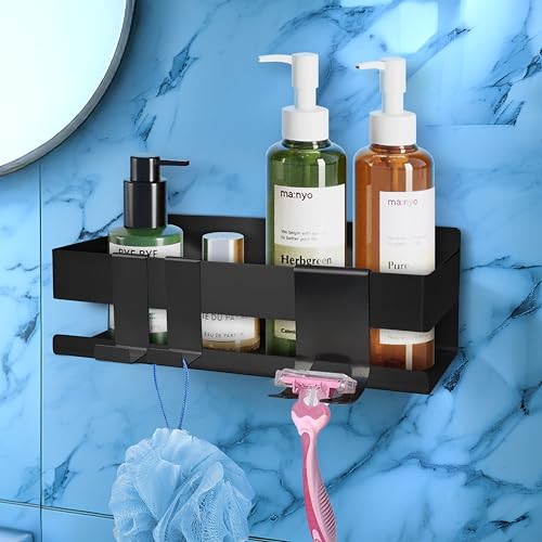 HomeGadget Étagère de Douche sans Perçage - [ 22 x 7,5 x 9 cm ] - Support Autocollant en Acier INOX - avec 2 Crochets et Un Support pour Rasoir - Noir