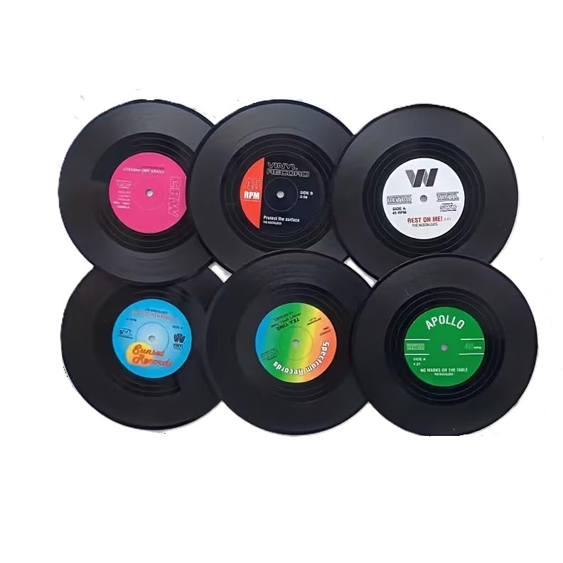 Vinyl Record Drink Coasters, Set of 6, Retro Music Gift