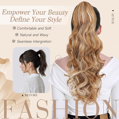 Image of 24 inch Ponytail Extension, Long Curly Wavy Claw Clip and Natural-Looking Synthetic Hairpiece, Voluminous Pony TailHair Extensions for Women Daily Wear. (Dark Blonde with Beige Blonde Highlights, 24Inch)