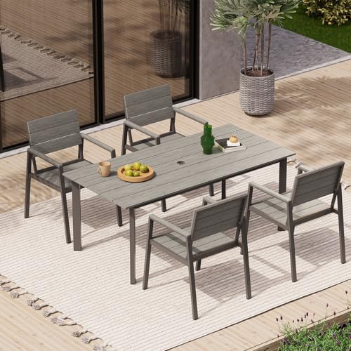 Oasbira Outdoor Dining Set for 4, Patio Table and Chairs Set with Umbrella Hole, 5 Pieces HDPS Outdoor Furniture Sets for Patio, Garden, Backyard (Gray)