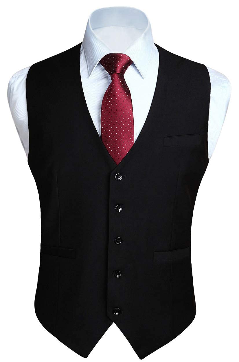 HISDERN slim-fit cotton blend waistcoat in black three pockets V-neck adjustable back for business and formal wear