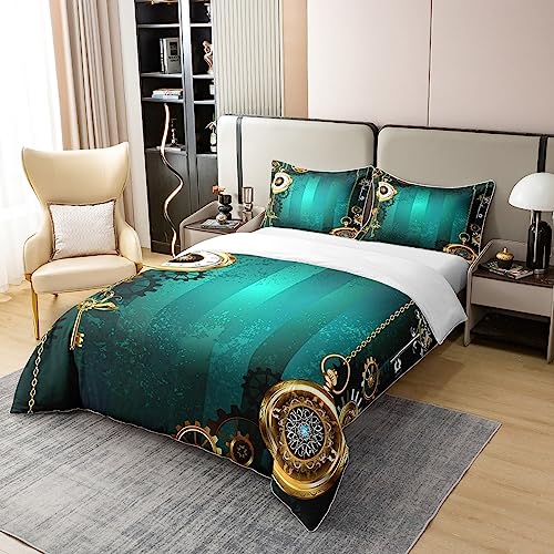 Steampunk Jewelry Gold Watch Bedding 100% Cotton Set for Kids Boys Clock Theme Gears Mechanical Decor Chain and Keys 100% Cotton Duvet Cover Retro Green Texture Duvet Set King Size Zipper Quilt Cover - Image 2