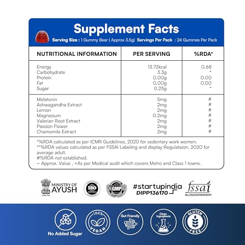 Image of Sleep Gummies with Melatonin, Ashwagandha & Chamomile | Promotes Deep Sleep, Reduces Stress & Calms Mind | Strawberry Flavour | 24 Veg Gummies