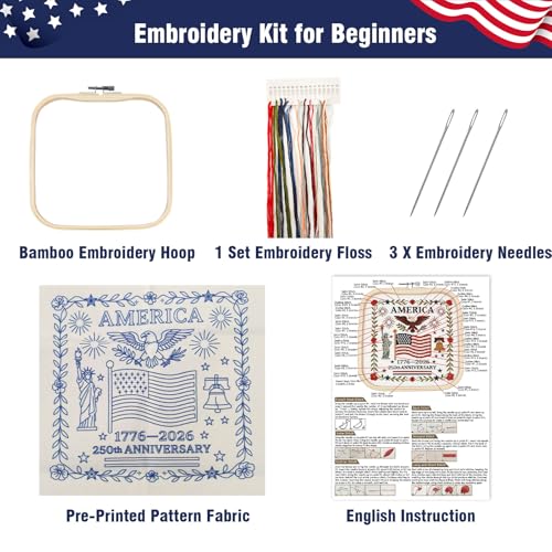 Image of US 250th Anniversary Embroidery Kit, Patriotic Cross Stitch Kits, DIY Embroidery Kits for Adults with 1776-2026 Flag Pattern, 20cm Hoop, Threads, Needles & Instructions for Veterans Military Fans