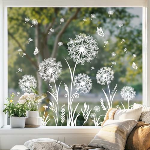 Tanlaby Blanc Pissenlit Stickers Fenêtre Fleurs Papillons Autocollant Fenêtre Anti-Collision Printemps Eté Sticker Vitre pour Chambre Salon Cuisine Magasin Vitrine...