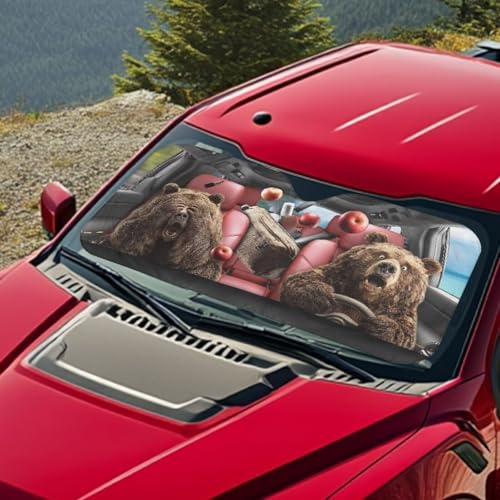 Image of Funny Bear Drive Car Front Windshield Sun Shade Sunshade Visor Windshield Cover Automotive Interior Accessories for Sun Protection, Universal Fit Most Cars Women Men
