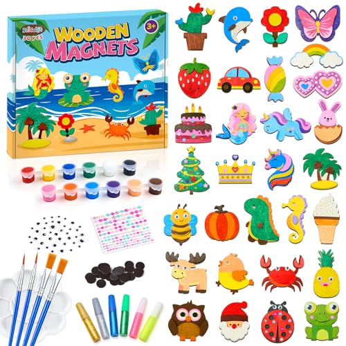 Bridokit 30 Piezas Juego de Imanes de Madera, Juegos de Manualidades, Kit Manualidades Niños de 3 a 12 Años Actividades Creativas Kit de Pintura, Regalos de Cumpleaños para Niños y Niñas