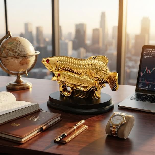 Image of Feng Shui Golden Arowana Fish with Baby Statue for Luck, Wealth & Prosperity | Crystal Polyresin Arowana Showpiece for Home, Office, Shop & Cash Counter Decor