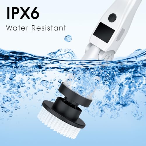 Image of Electric Spin Scrubber, Shower Scrubber with Long Handle, Rechargeable Cordless Power Scrubber, Retractable & Adjustable Angle Spin Brush for Cleaning Bathroom /Tub /Floor /Tile (Black-White+Beige)
