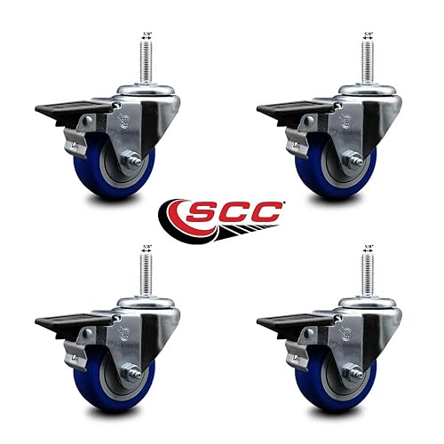 Miniatura 10 de Juego de 4 ruedas giratorias de poliuretano con ruedas azules de 5 x 125 pulgadas y tallos de 58 pulgadas incluye 4 ruedas giratorias capacidad