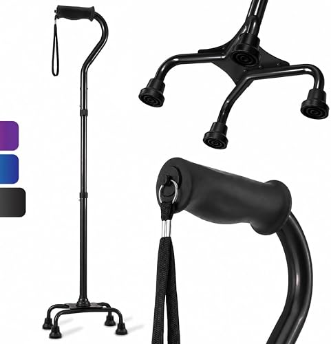 HONEYBULL Quad Cane with 4-Prong Freestanding Base, 9 Adjustable Heights & Ergonomic Handle