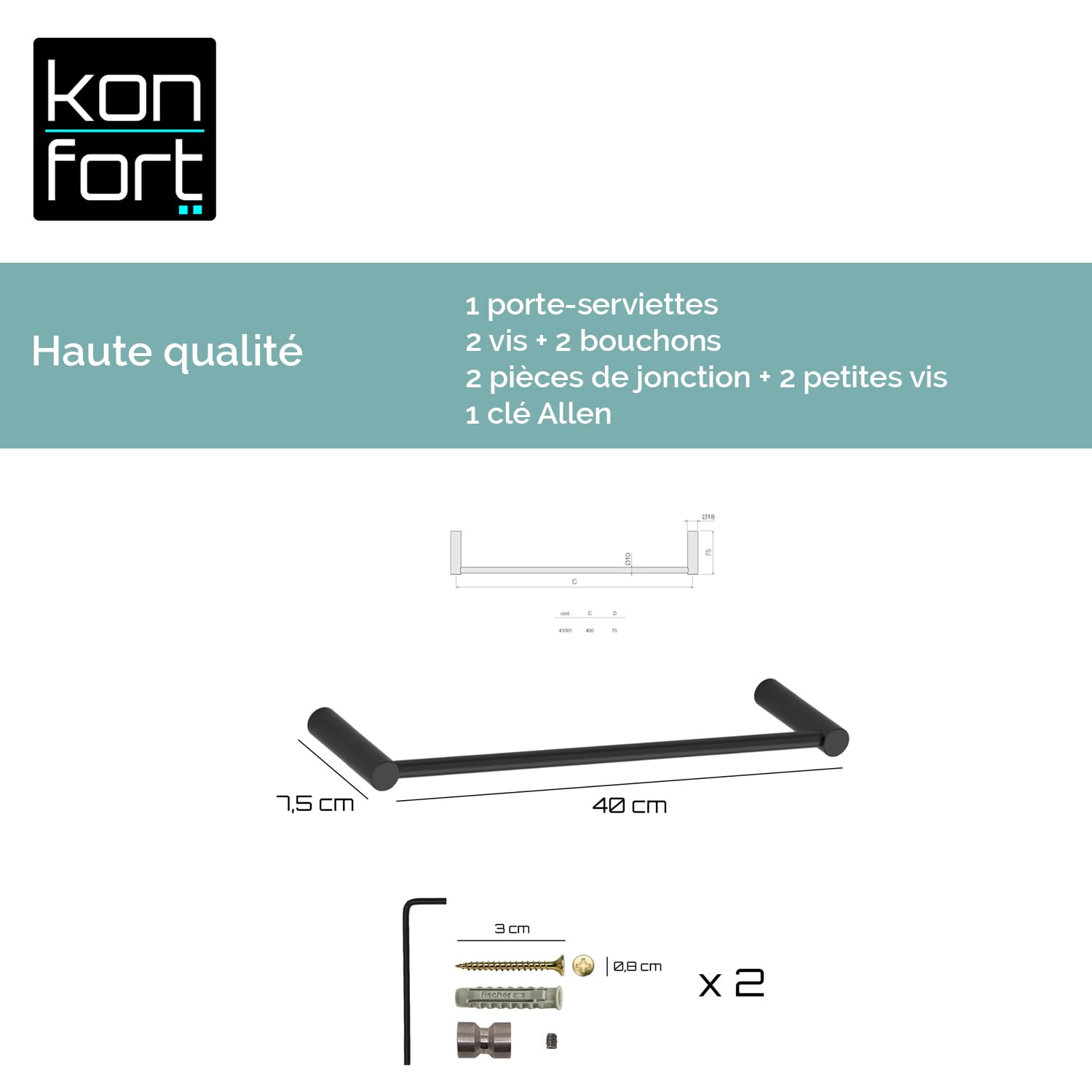 Kon-fort Home Porte Serviette Noir Salle de Bain Acier Inoxydable brossé Mat, Design Exclusif, 40 cm