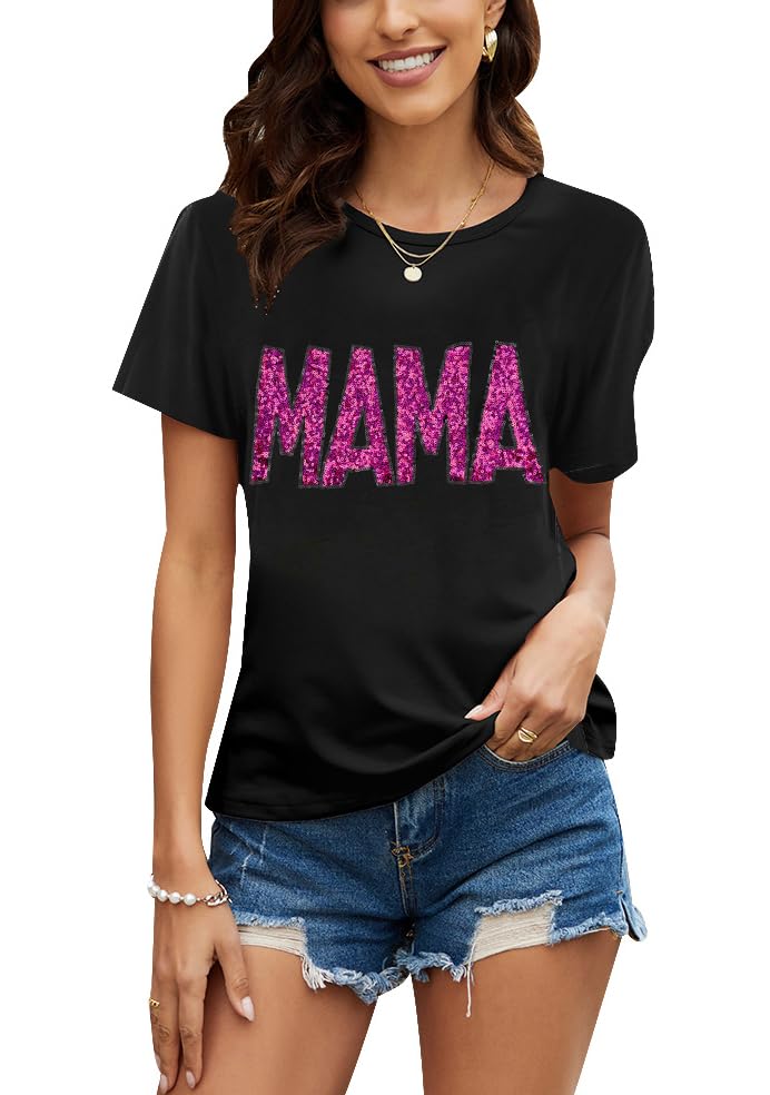 Image of PESION Womens Short Sleeve T-Shirt Sequined Tops O-Neck Funny Graphic Tees Blouse