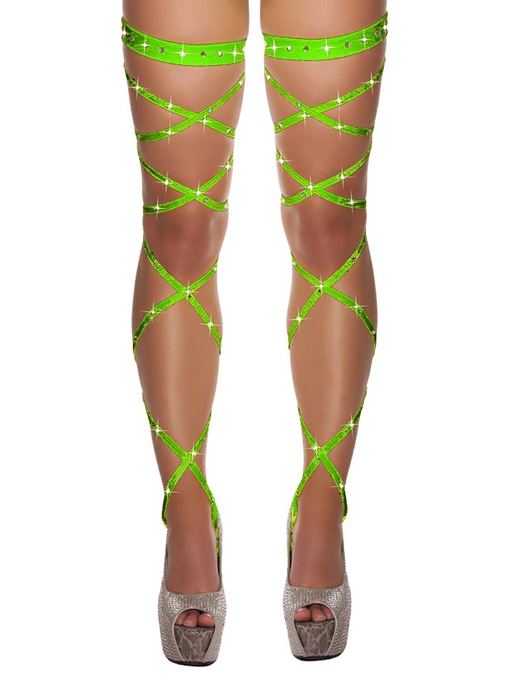 Women Criss Cross Glitter Thigh High Stockings Rhinestone Hollow Out Over Knee Strap Socks Club Tights (Green, ONE SIZE)