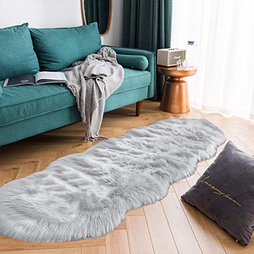 Latepis Grey Faux Sheepskin Fur 2x6 Runner Rugs High Pile Soft Plush Fuzzy Rug for Bedroom Bedside Shag Rug Fluffy Carpet for Living Room Home Décor