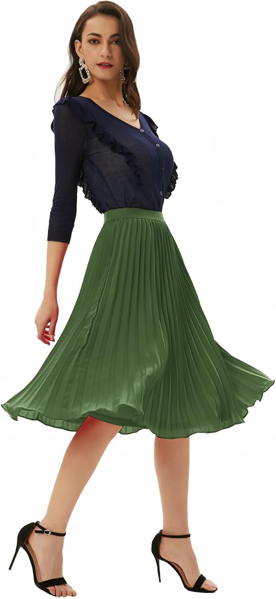 GRACE KARIN Pleated Midi Skirt for Women Chiffon A-Line Outfits