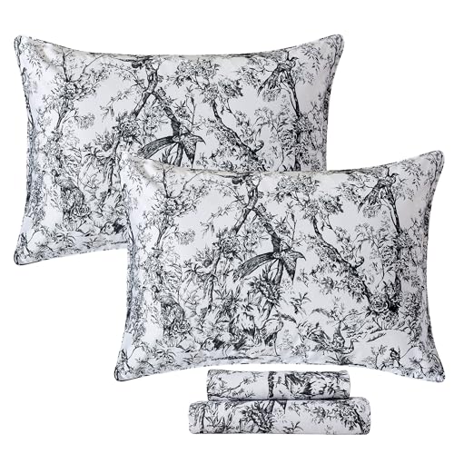 Image of FADFAY Bird Sheets Set Full 100% Egyptian Cotton Black and White Toile de Jouy Bedding Vintage Rose Floral Farmhouse Bedding Shabby Chinoiserie French Country Sheets Deep Pocket Soft Breathable 4Pcs