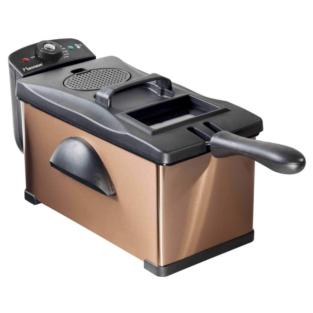 Bestron Friggitrice, friggitrice ad olio con tecnologia a zona fredda, 3,5 litri, con controllo della temperatura, lavabile in lavastoviglie, 2000 watt, colore: Rame