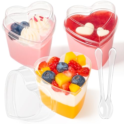 TOFLEN 50 Pack Heart Shaped Dessert Cups with Lids and Spoons 5 oz Mini Plastic Shooter Cups for Parfait Pudding Fruit Cheesecake Mousse Jello Yogurt Appetizer