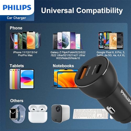 Philips Chargeur Voiture USB AC DLP2521C04 Câble USB C inclus Adaptateur USB C et USB A Sortie Charge rapide - vue 8