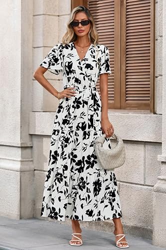 Image of MASCOMODA Women Boho Swiss Dot Maxi Dresses Wrap V Neck Flutter Short Sleeve Solid Tie Waist A Line Tiered Flowy Long Dresses