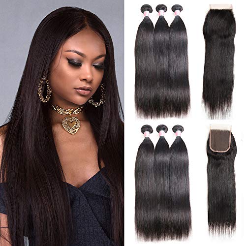 Brazilian Straight Hair Bundles With Closure 100% 7A Grade Unprocessed Virgin Human Hair Bundles 4X4 Free Part Lace Closure With Bundles(18 20 22+16"Closure)