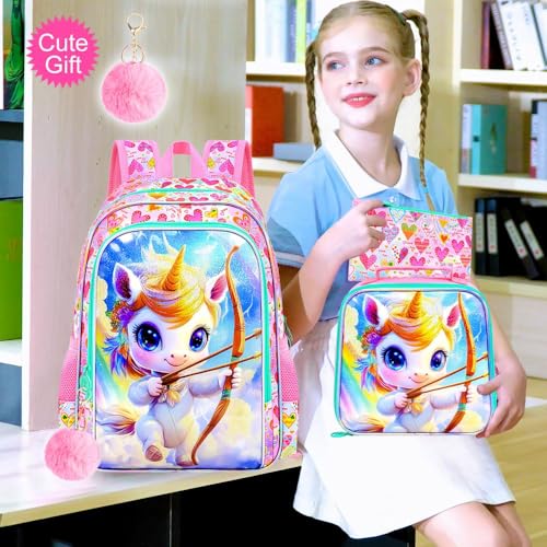 Image of 3Pcs Unicorn Backpack for Girls, 16 inch School Cupid Bookbag Set with Lunch Box，Kids Backpacks for Elementary Preschool Kindergarten (Pink)