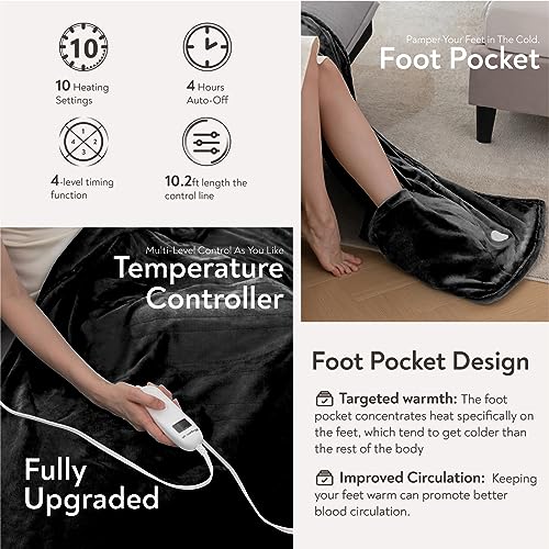 Image of Wapaneus Foot Pocket Heated Blanket Electric Throw with 10 Heating Levels and 4 Timer Settings 4 Hours Auto Shut Off, Flannel Fast-Heating Heated Throw 50 inch x 60 inch, Machine Washable, Black