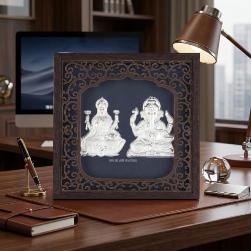 Image of Silver Plating Laxmi Ganesh Frame | Divine Home Decor | Wall Mount Square PhotoFrame for Gift, Lakshmi Ganpati Wooden Frame for OfficeDecor | hangingframe (6.50 inch x 6.50 inch Inch)
