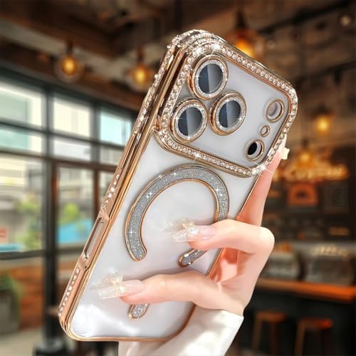 Image of for iPhone 17 Pro Max Magnetic Glitter Case,Luxury Bling Rhinestone Diamond Plated Bumper Case Sparkle Camera Lens Protection Clear Cover for iPhone 17 Pro Max (Gold)