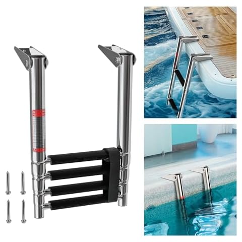 LUISLADDERS Boat Ladder 4 Step Folding for Fishing Boat, 900 lbs Capacity 316 Stainless Steel Dock Ladder Extension for Lake Flip Up, Telescoping Swimming Pool Ladder for Boat, Yacht, Pond Cover
