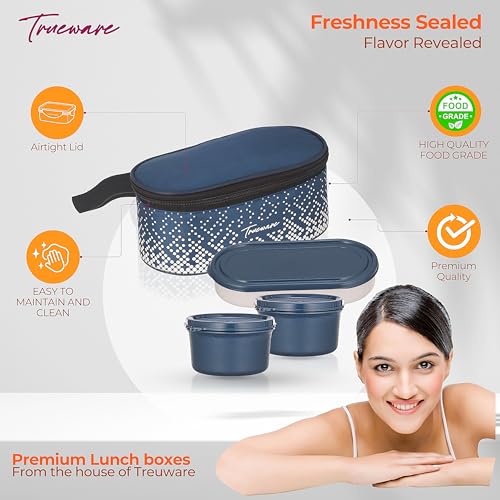 Image of Trueware Omaga Lunch Box with Insulated Fabric Jacket, 2 Microwave Safe & Leak Proof Inner Stainless Steel Containers 400ml Each & 1 Plastic Oval Chapati /Rice Container Tiffin for Office, College