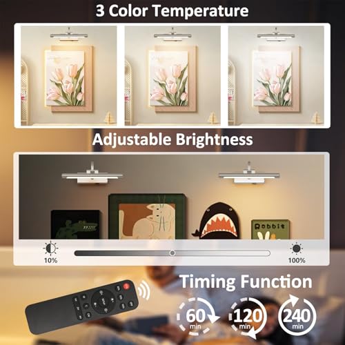Image of Aipsun 11.8 inch Nickel Picture Lights for Wall Rechargeable,10000mAh LED Battery Operated Art Light for Paintings,3CCT Dimmable, Rotatable Gallery Light for Pictures Display(Brushed Nickel)