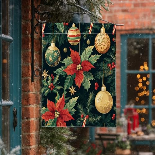 Bandiere per la casa di Natale con agrifoglio stella di Natale, 71 x 101 cm, double face, per esterni, vintage, retrò, palle di Natale, bandiera verticale standard in tela per la casa, festa di