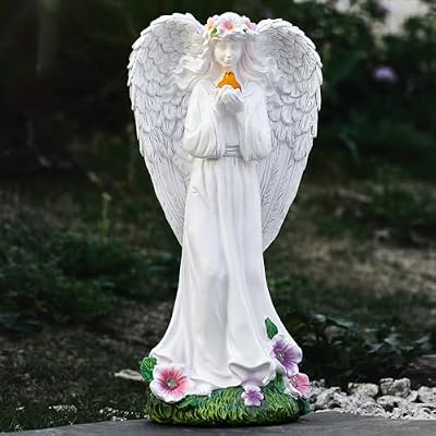 Elegondrar Solar Angels for Outside Garden, Angel Statue with Bird for Yard Lawn Patio Balcony, Memorial Gifts for Mom, Grandma, Women, 12 Inch,Resin