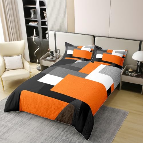 Orange and Black Duvet Cover 100% Cotton Geometry Bedding Set for Kids Boys Girls Teens Room Decor Geometric Square Comforter Cover Set Double Size Abstract Art Bedspread Cover 3Pcs Zipper - Image 2