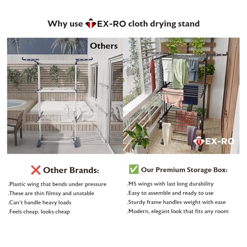 Image of TEX-RO Metal Clothes Drying Stand Foldable with Wheels - 3-Tier Cloth Dryer Stand for Balcony, Bedroom & Indoor Outdoor | Heavy Duty Hanger Stand for Clothes Hanging, Dress Drying Rack - Black