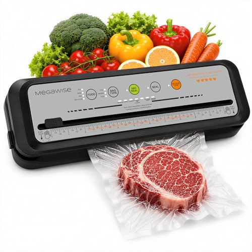 Image of MegaWise Vacuum Sealer Machine, 80kPa Powerful Suction, One-Touch Automatic Food Sealer with Built-in Cutter & Bags Included, Dry Moist Modes for All Saving needs
