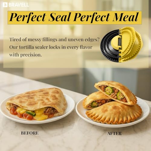 Image of 4-in-1 Tortilla Sealer (10+8+6+4 Inch) Crimper & Empanada Maker Press - Make Tortillas, Dumplings & More with Easy-Clean Food-Grade Plastic Tool with User Manual in Yellow /Black