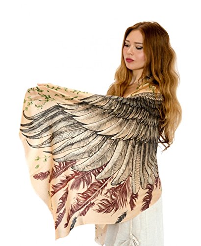 Designer Silk & Cashmere Scarf With Wide Spread Bird Feather Wings (Earthly)