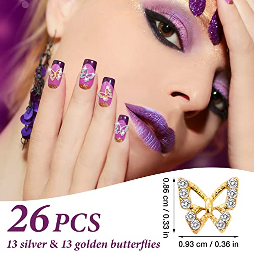 Noverlife 26Pcs 3D Alloy Butterfly Nail Charms, Metallic Butterfly Charms Crystal Diamonds Butterfly Nail Art Rhinestones, Butterflies Flatback Charms Jewels For Manicure Diy Accessory(Gold&Silver) #TOP1