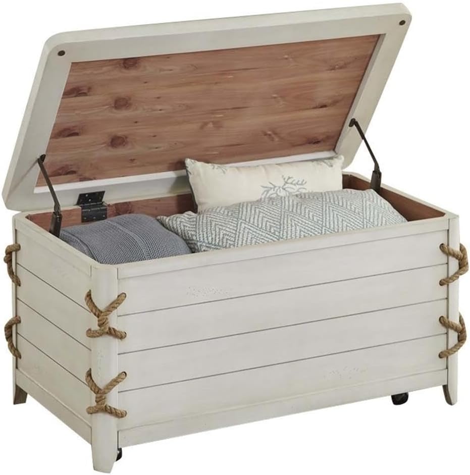 BOWERY HILL Storage Trunk, 38" W x 22" D x 20" H, Poplar Solids & Birch Veneers, White Finish, Coastal Cottage Style with Cedar Lining, Knotted Rope End Panels and Casters