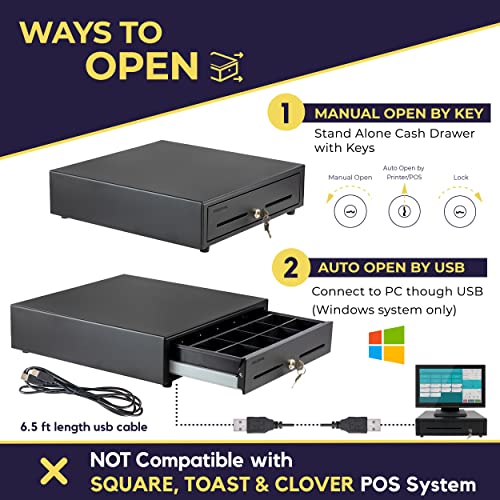 Usb Cash Register Drawer 16", Pos And Windows Pc Trigger, 5 Bill/8 Coin, Removable Cash Tray, Black, Not For Square #TOP3