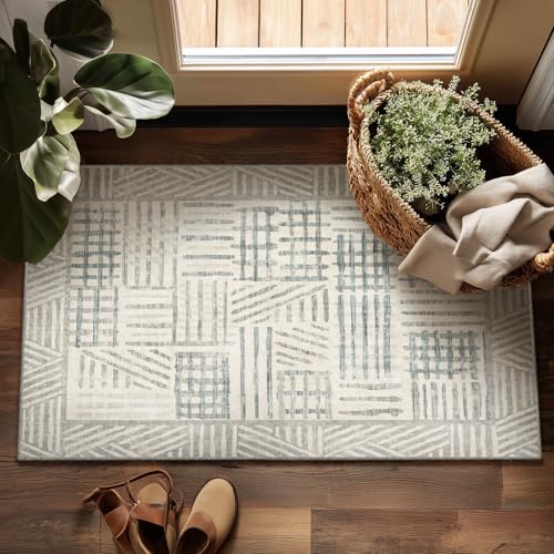Image of Non-Slip Washable Entry Rug 2x3 Abstract Geometric Textured Brushstroke - Neutral Gray & Light Blue Modern Minimalist Hallway Runner Rug, Decorative Carpet for Living Room Bedroom Home Decor