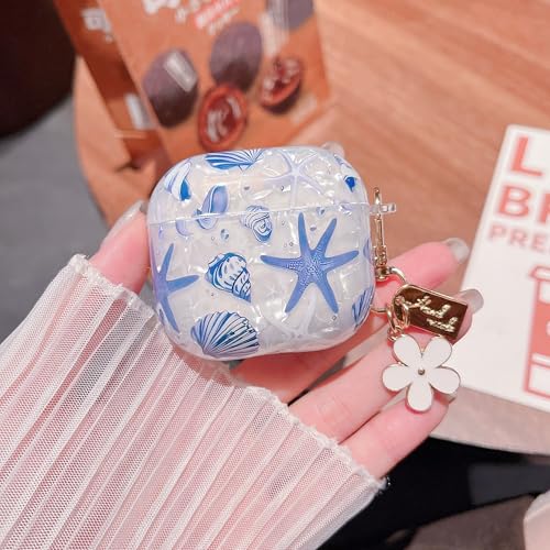 Image of MINSCOSE for AirPods 4 Clear Case,Cute Glitter Seashell and Starfish Pattern Design with Folral Keychain,Soft TPU Protective Cover for Girls Women for AirPods 4-Blue