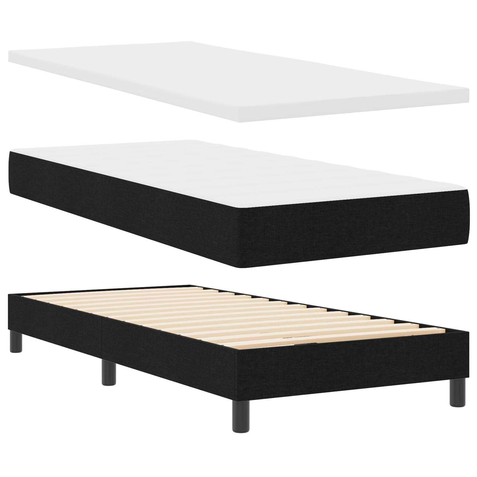 Cama con somier con colchón de 100 x 200 cm en tejido negro, núcleo de muelles ensacados de resistencia media, soporte para dormitorio moderno, transpirable y resistente